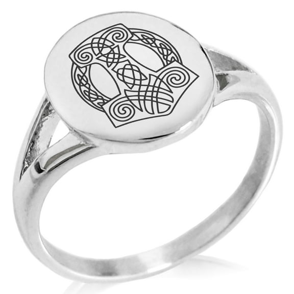 Stainless Steel Majesty Thor's Hammer Mjolnir Viking Minimalist Oval Top Polished Statement Signet Ring