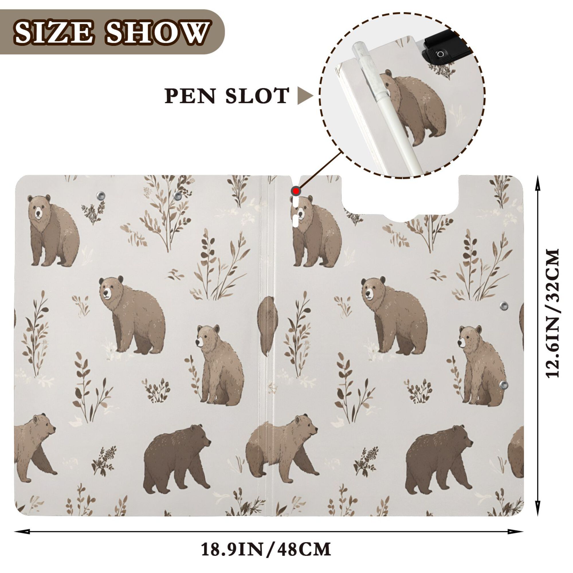 FORMRS A4 Clipboard Folder with Pen Holder Horizontal Foldable School Office Binder, Light Gray Bears