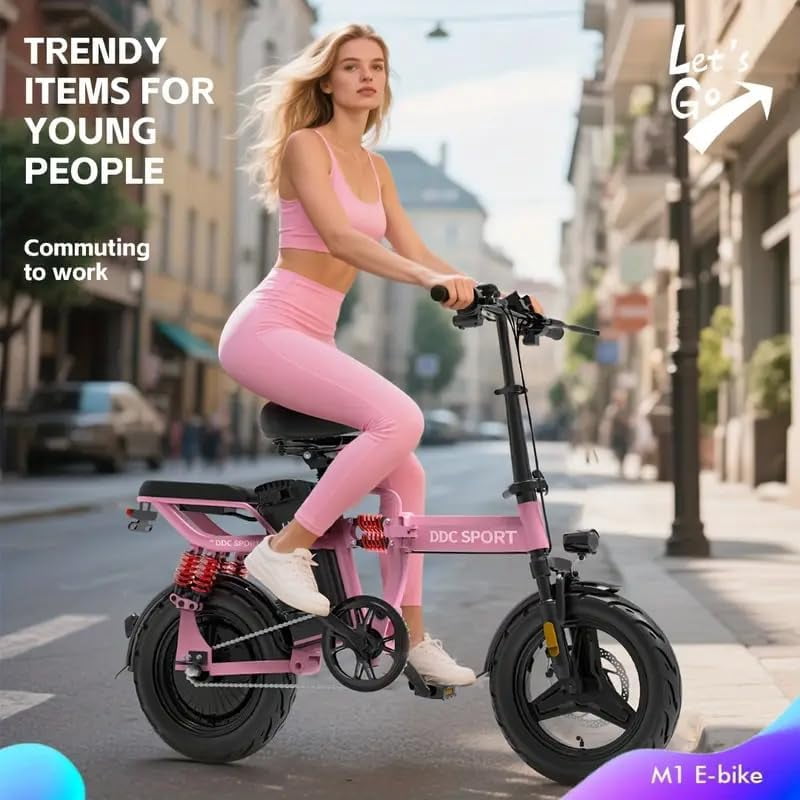 Folding Electric Bike, Electric Bicycle with 48V 14AH Removable Battery, Folding Electric Bike for Adults Teens,14'' Ebike Urban City with 700W Motor, 10 Shock Absorptions UL2849,Pink