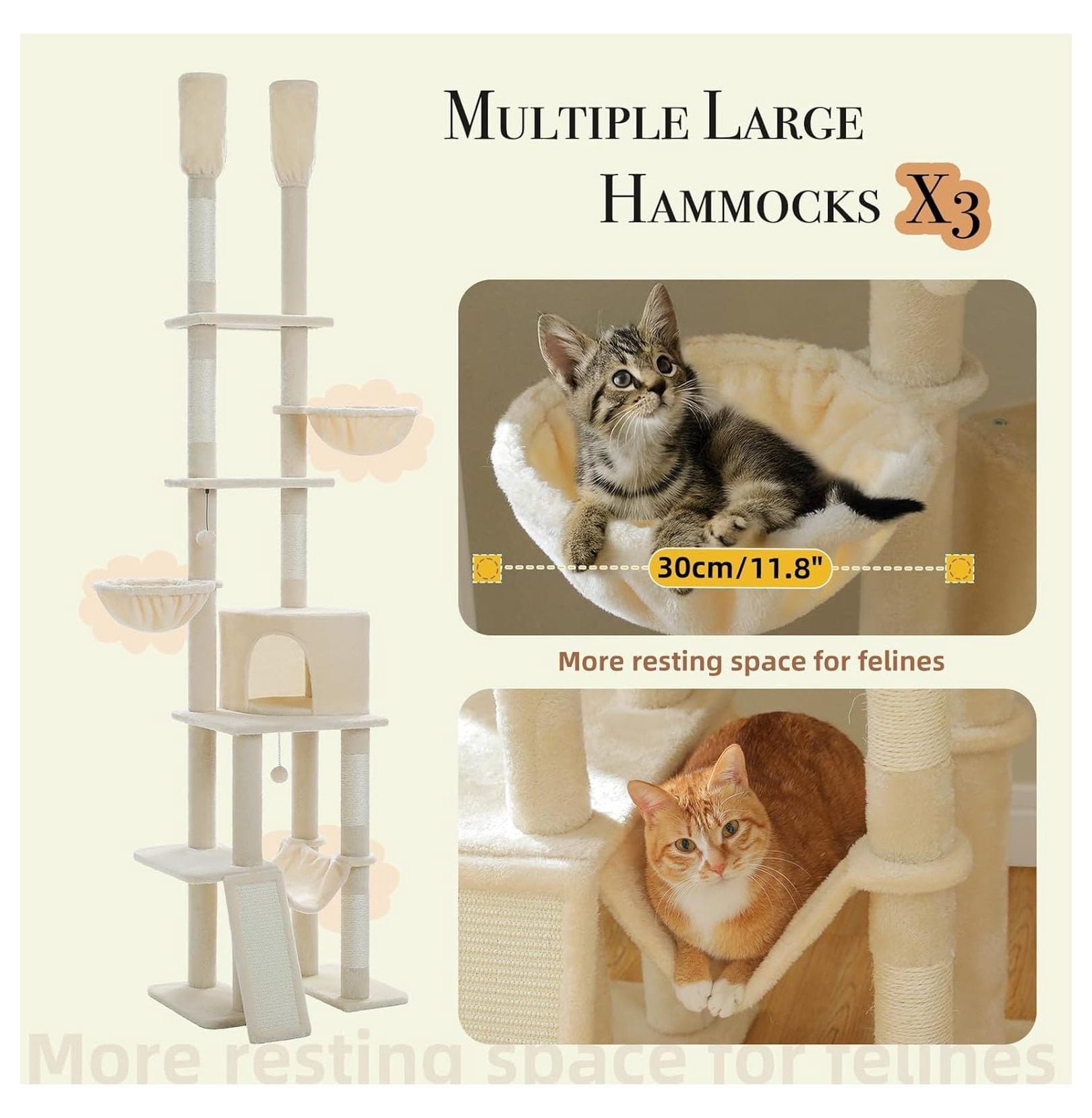 Floor to Ceiling Cat Tree, 85-112 Inch Adjustable Cat Tower, Tall Cat Tree for Indoor Cats, 7 Tier Cat Climbing Tower with Hammocks & Scratching Posts - Beige