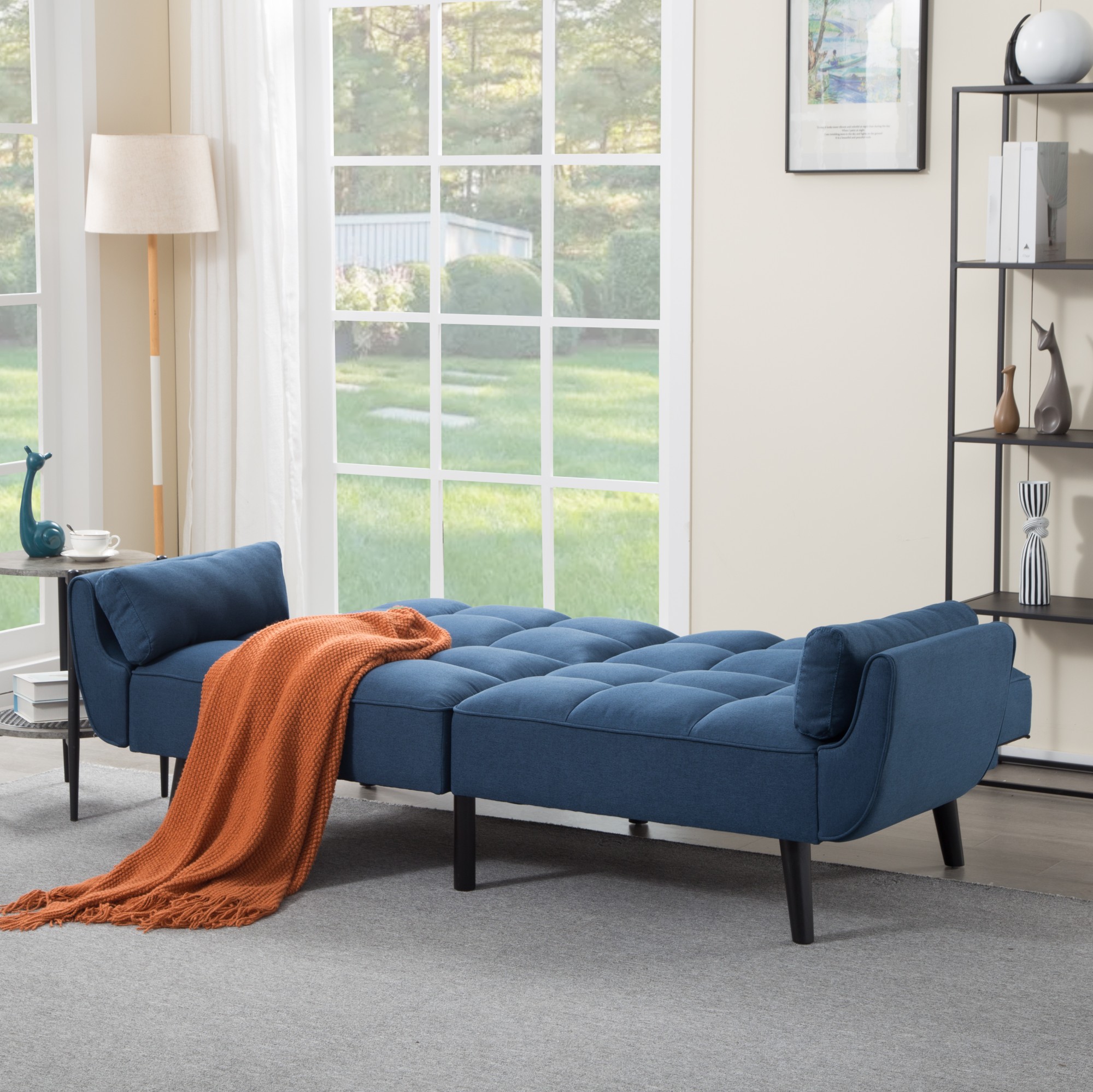 BSHTI 75.2" Linen Convertible Futon Sofa Bed with Split Back & 3-Position Adjustment, Tufted Design, Flared Arms, for Living Room & Guest Room(Dark Blue)
