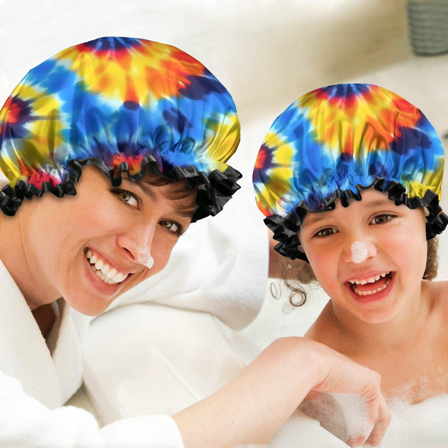Shower Caps,Colorful Tie Dye Spiral Pattern Waterproof Shower Cap for Women 4 Pieces,Double Reusable Hair Cover for Shower PEVA Elastic Stretch Hem