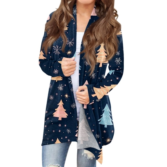 Women's Fashionable Loose-Fit Casual Cardigan With Christmas Tree Print Mid-Length Coat for Women's Casual Fashion and Apparel,Dark Blue,L