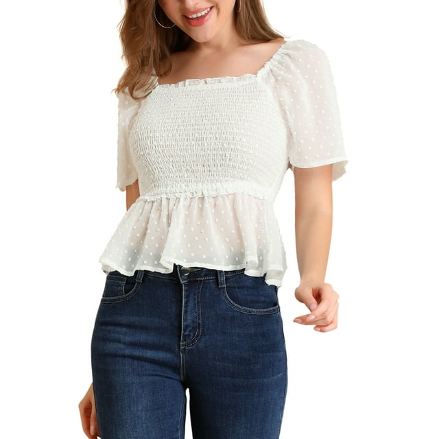 Unique Bargains Femmes à Volants Peplum Col Carré Flare Manches Courtes Récolte Blouse Blouse Blouse Blouse Blouse Blouse
