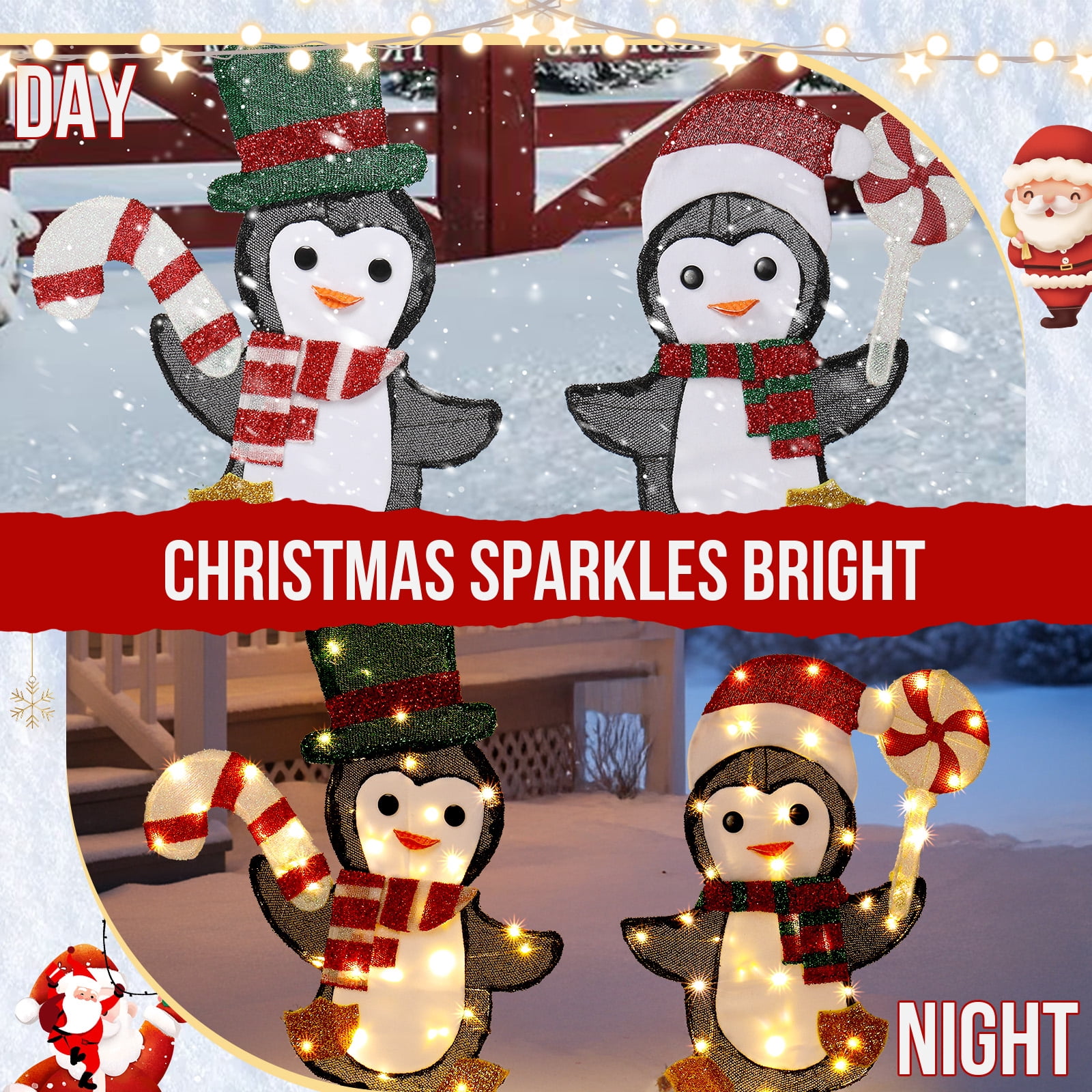 Astoutdoor Set of 2 Lighted Penguin and Candy Cane Christmas Decorations, Pre-lit 2D Holiday Decor with 80 Warm White LED Lights for Indoor Outdoor Use