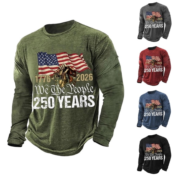 T Shirts for Man Casual 1776-2026 Flag Print Long Sleeve Comfortable Funny Graphic Crew Neck Top Men's Shirts
