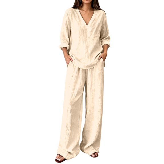 Zekutng Lounge Sets for Women Loose V-Neck Roll-up Sleeve Linen-Blend Shirt & Elastic Waist Wide Leg Pant Matching Set,Sizes S-3XL