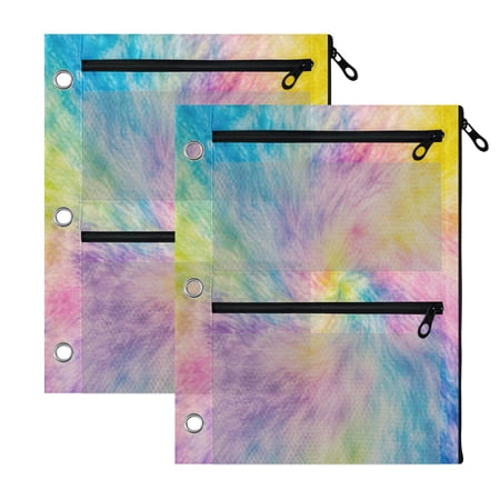 2 Pack 3-Ring Binder Pencil Pouch with Clear PVC Windows Colorful Tie Dye Swirl Art Large Capacity Stationery Bag for Classroom Office Supplies