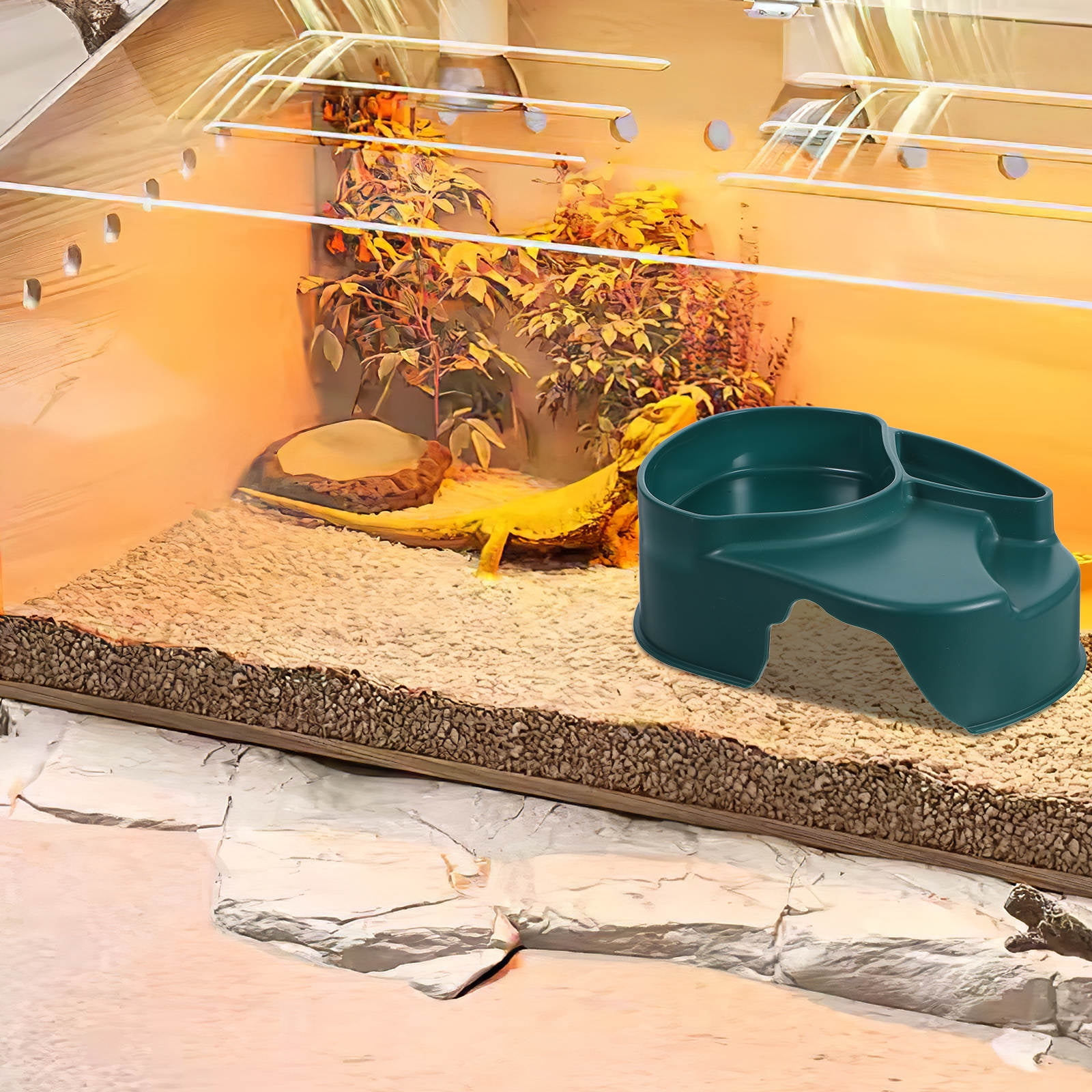 WEAVILUX Reptile Hiding Cave with Tray Dark Green Multifunctional Feeding and Water Dish for Pet Habitat