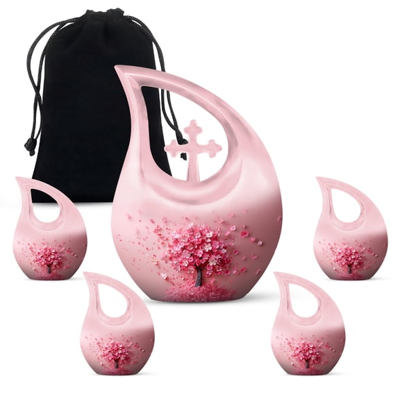 MUKTIVE Cherry Blossom Tree Human Remain Urns for Ashes Female & Male, Cremation Urn for Adults Memorial, Combo Set, (1 Large 10 ", 4 Keepsake 3 ")