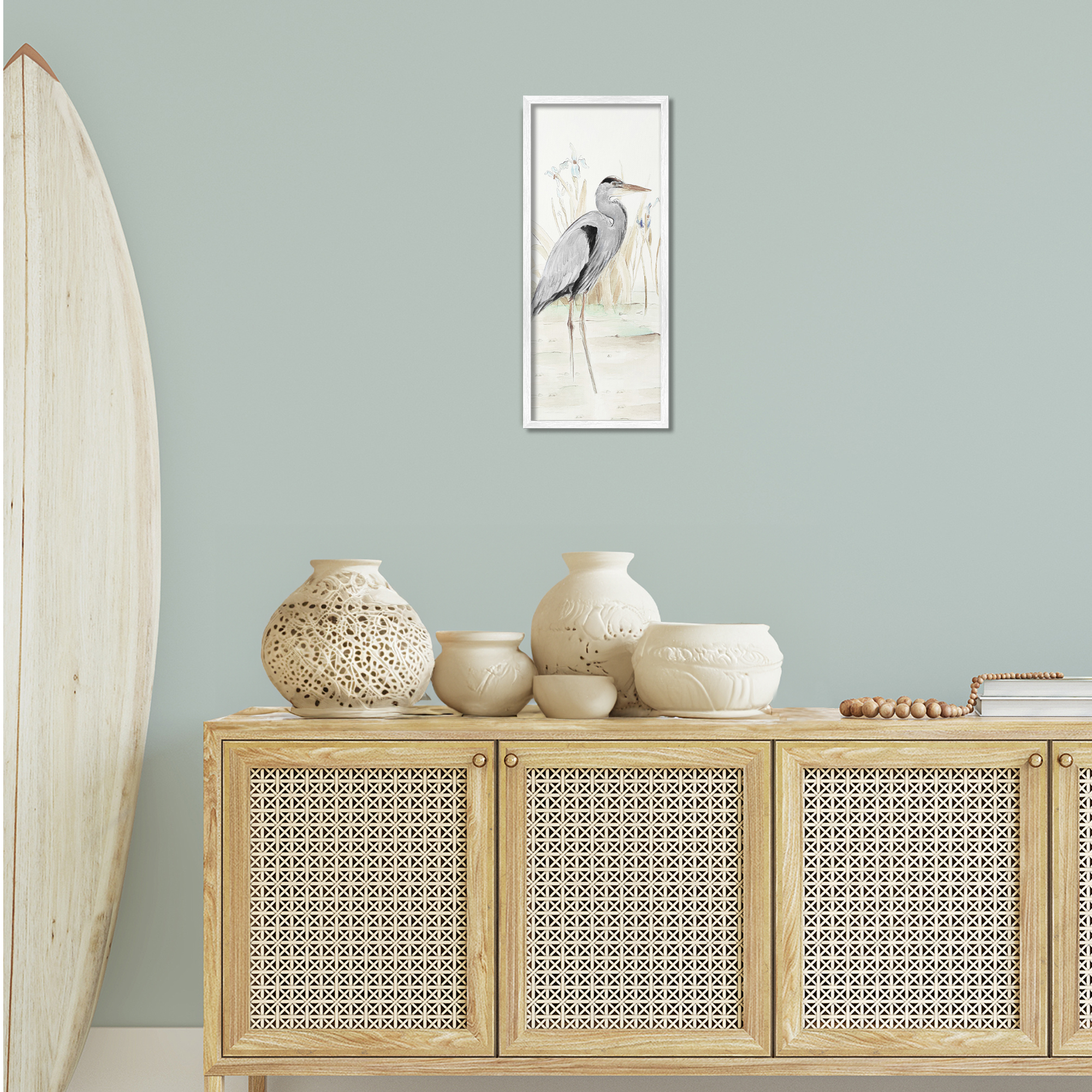 Stupell Industries Heron in Lake Drawing Animals & Insects Drawing White Framed Art Print Wall Art, 10 x 24