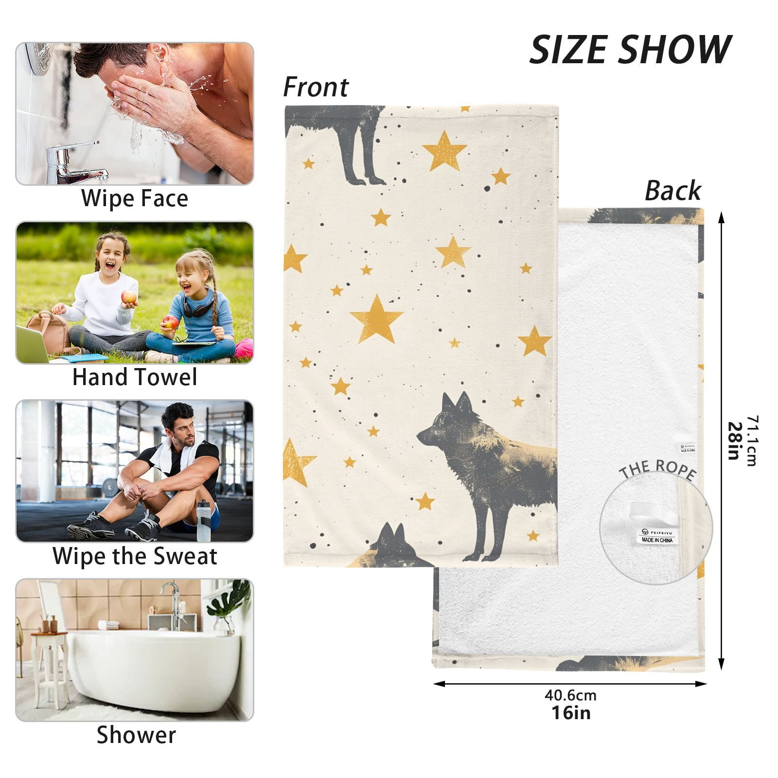 Wolf Stars Hand Towels Cotton Bath Towels Large Face Towels Absorbent for Bathroom 2 Packs