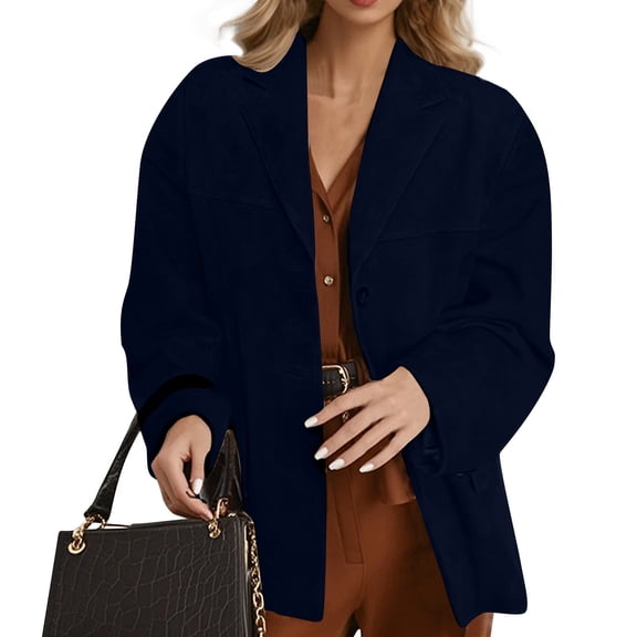 LWavelet Oversized Blazer Jacket Women Chic Office Casual Trendy Loose Versatile Structured Outerwear Dark Blue L