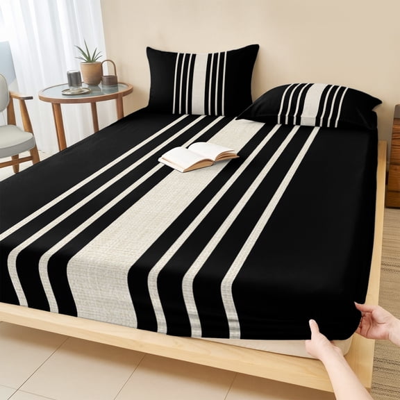 Cal.King Size Fitted Sheet Set - Black Beige Striped 3 Piece Bedding Sets 16" Deep Pocket Fitted Sheet with 2 Pillowcases, Modern Farmhouse Retro Lines Brushed Microfiber Hotel Luxury Bed Sheets
