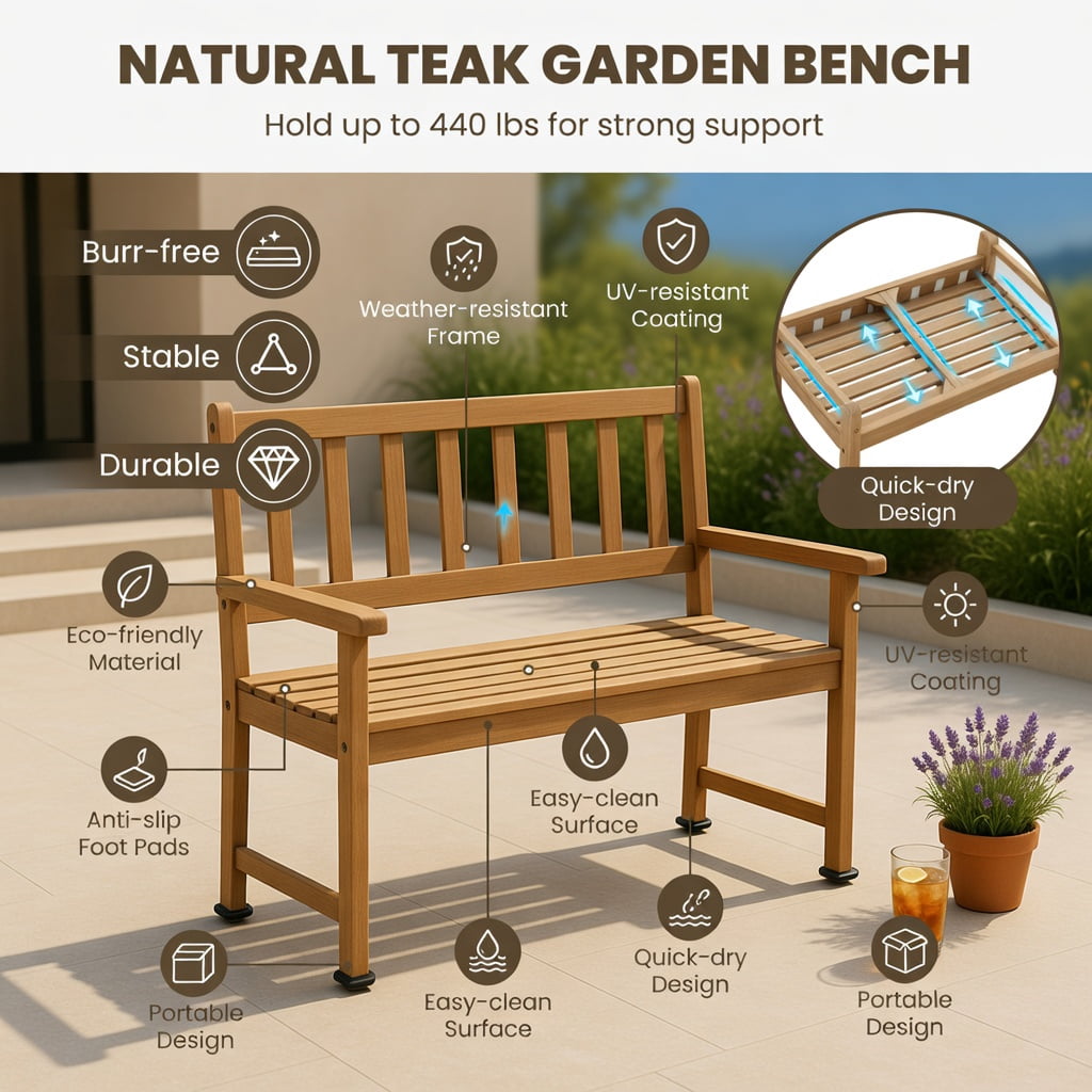 Hommoo Indonesia Teak Wood Outdoor Garden Bench for 2, Rustic Patio & Backyard Seating with Backrest, Armrests & Slatted Design, Natural