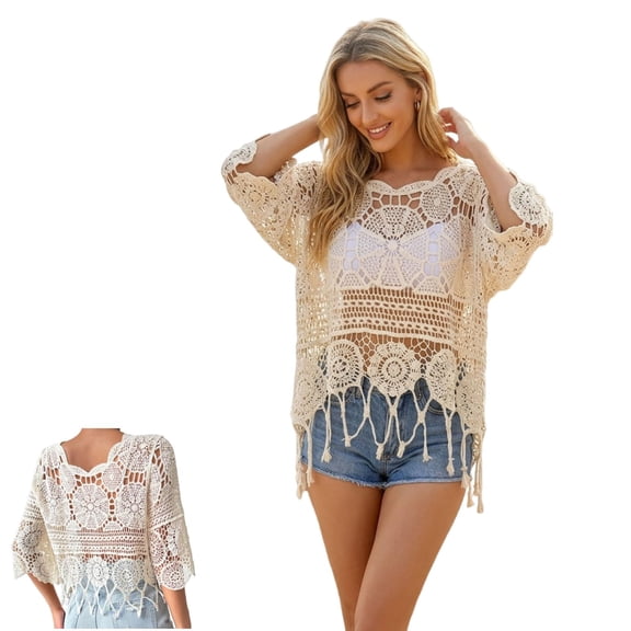 Women's Swim Cover Up Sheer Fringe Trim 3/4 Sleeve Boho Beach Coverup for Swimsuits