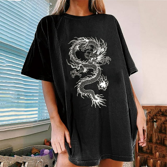 CEHVOM Femmes Mode Imprimé Col Rond Ample Manches Courtes T-shirt Haut Blouse Chandail
