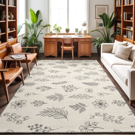 3'x5' Area Rugs, Vintage Beige Botanical Indoor Outdoor Area Rug for Living Room Bedroom, Farmhouse Summer Floral Washable Bathroom Rugs Kitchen Floor Carpet Mats Home Decor Aesthetic