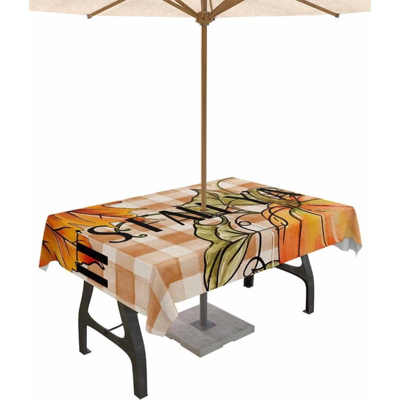 Outdoor Tablecloth with Umbrella Hole and Zipper 60 x 84 Inch Fall Thanksgiving Orange Pumpkin Autumn Maple Leave Table Cover for Rectangular Tables Tabletop Collection for Patio Garden Picnic