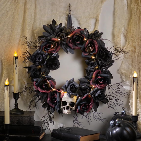 Morris Costumes 23.5 in Light-Up Dead Roses Halloween Wreath  - Black