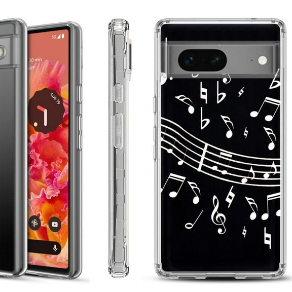 Shockproof Phone Case for Google Pixel 8a 5G, Hybrid Case Cover, by OneToughShield - Music Notes / Black