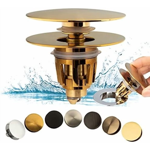 Universal Bathroom Sink Drain Stopper, Fits Most Pop-Up Drains for Vessel Sink Lavatory Vanity, Sink Drain Strainer with Detachable Hair Catcher, Tested by Plumber in US (Brushed Gold)