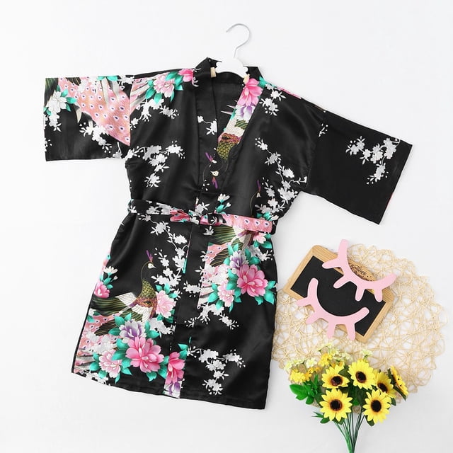 LSLJS Toddler Baby Kids Girls Flower Print Silk Satin Kimono Robes Bathrobe Sleepwear Clothes Coat, Girls Robe