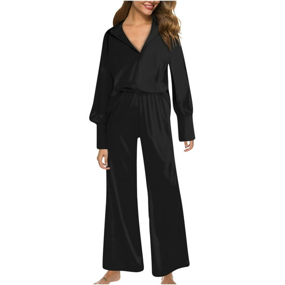 REORIAFEE Women's Classic Lapel Silk Satin Pajama Set 2 Piece Outfits Long Sleeve V Neck Top And Wide Leg Pants Set With Pockets Solid Color Loungewear Sleepwear 2024 Trendy Size S 2XL