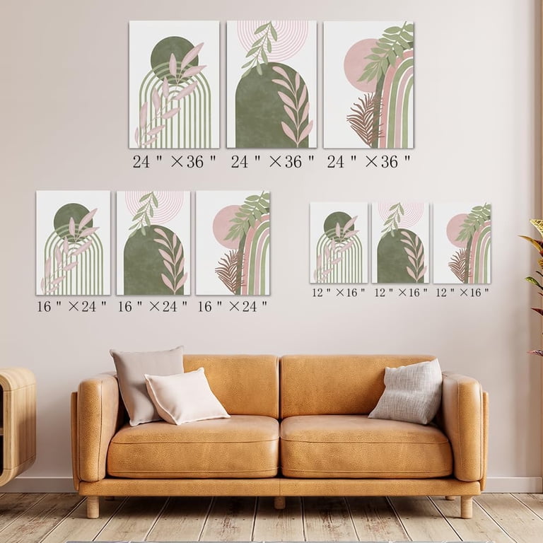 Sage Green Boho Wall Art Set Of 3 – Geometric Line Leaf Sun Moon Paintings In Solid Wood Frames