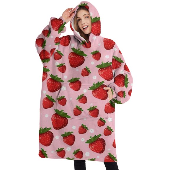 Oversized Wearable Blanket Hoodie,Red Strawberry Plants Fruit Dot Pink Pattern Sherpa Blanket Hoodie with Super Pockets,Super Warm Fuzzy Pullover for Women & Men