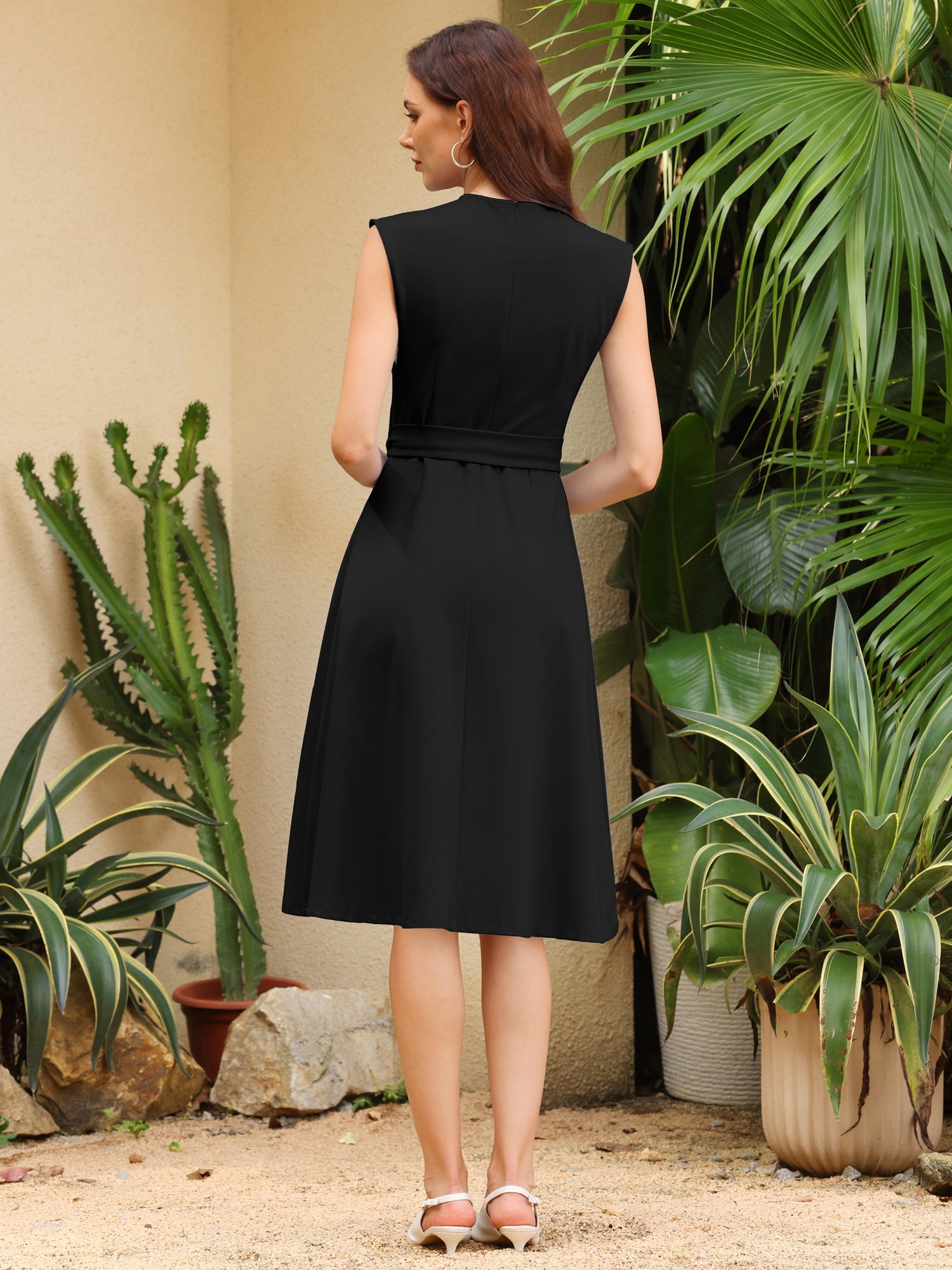 DARING DIVA Women's A-Line Sleeveless Dress Pleated Neck Tie Waist Work Dresses M Black