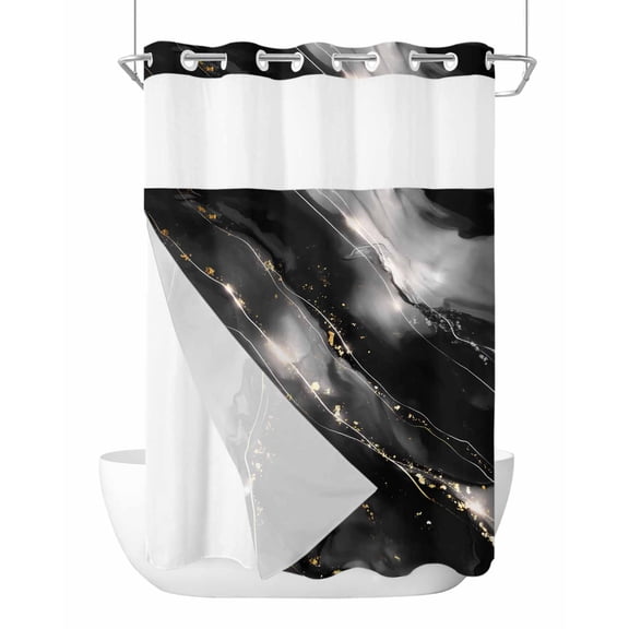 No Hook Shower Curtains with Snap-in Liner Set, Blake Gray Marble Waterproof Hotel Style Bathroom Shower Curtain, Modern Abstract Art Marble Crack Breathable Mesh Top Window Bath Curtains 60''x72''