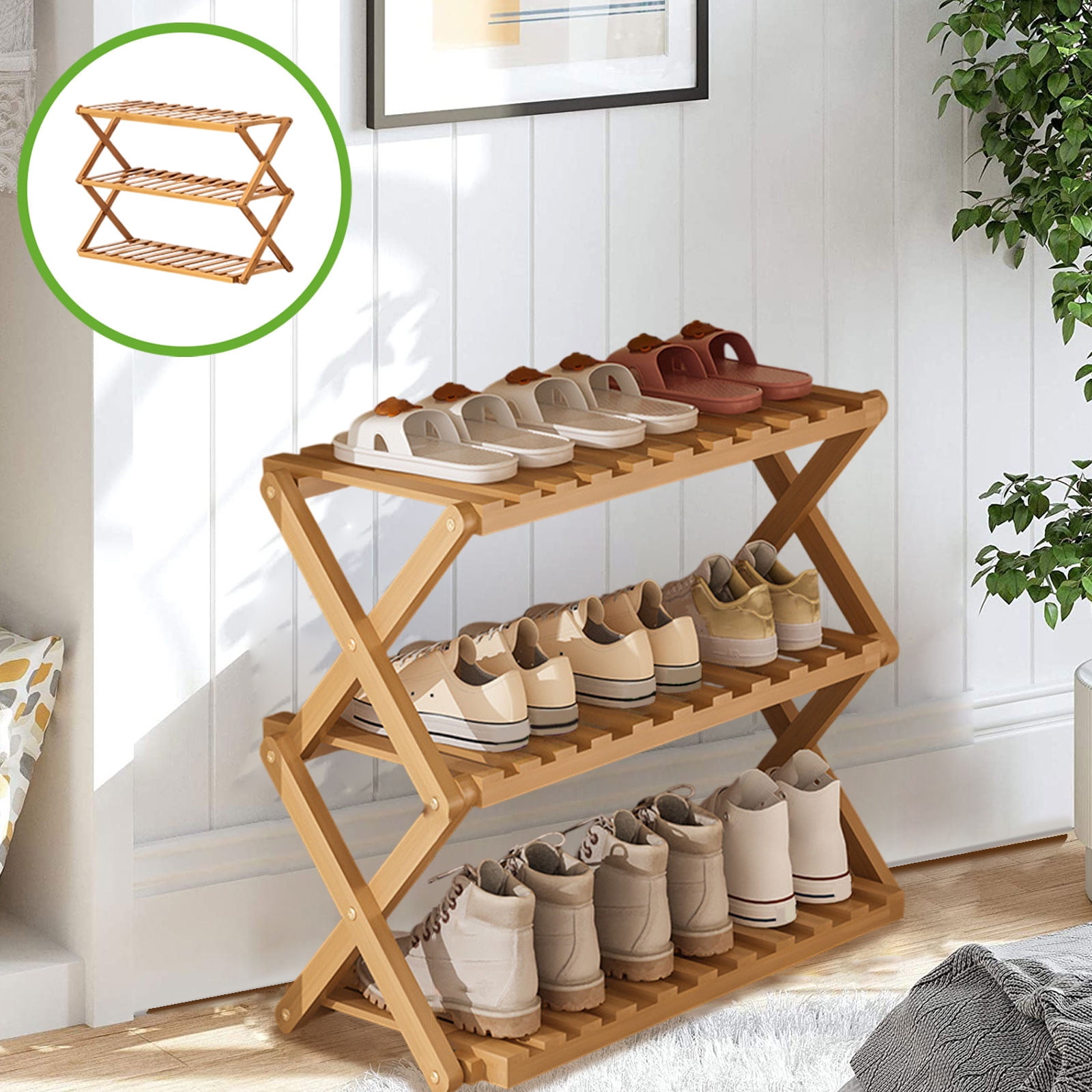 DAMAI 3 Tier Bamboo Shoe Rack,Portable Folding Multifunctional Free Standing Shoe Shelf Storage Shoe Storage Rack,Without Installation Small Shoe Rack Perfect for Corridors,Bedrooms and Small Spaces