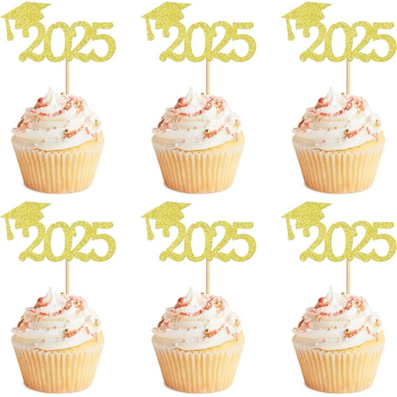 Graduation Cupcake Toppers 2025, Food/Appetizer Picks For Graduation Party Mini Cake Decorations, 2025, Cupcake Toppers, Graduation 12pcs (Gold)