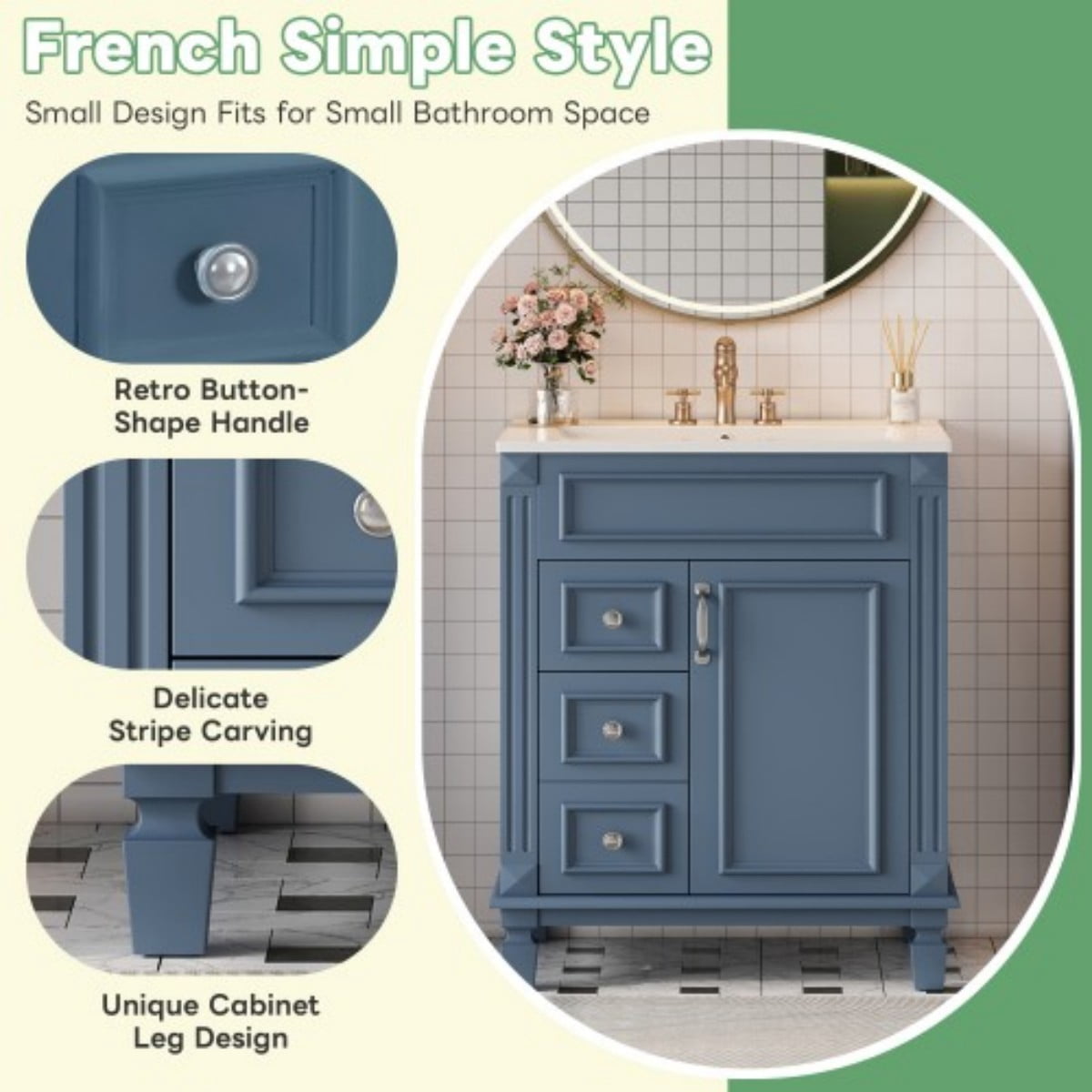24" Bathroom Vanity with Ceramic Sink, Small Bathroom Vanity Cabinet with 2 Drawers, Adjustable Shelf, Soft-Close Door, Blue