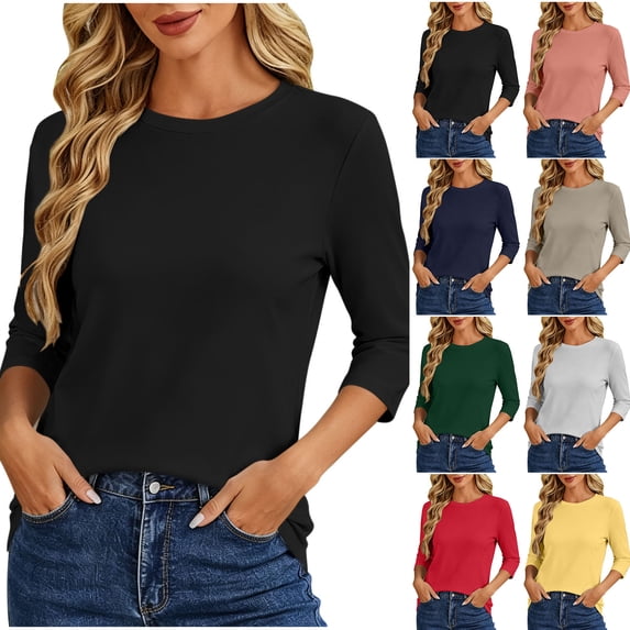 Oksale 3/4 Sleeve Shrits for Women Casual Crewneck Sweatshirts Cozy Loose Classic Solid Color Pullover Basic Tshirts Fall Clothes 2026 Yellow XL