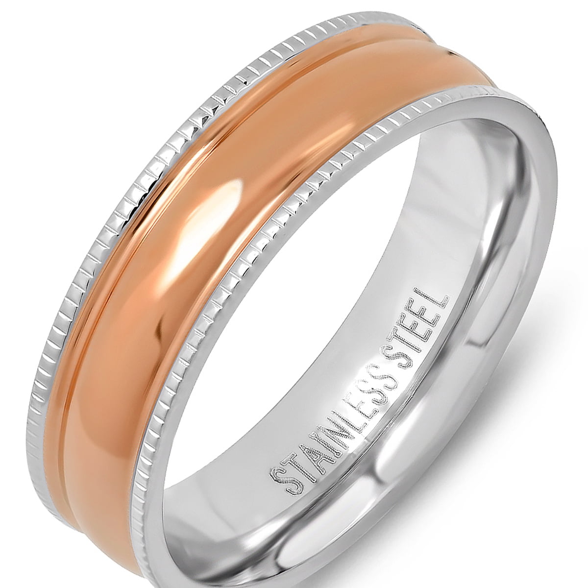 Men's Two Tone Stainless Steel and 18K Rose Gold Plated Stainless Steel Milgrain Band Ring
