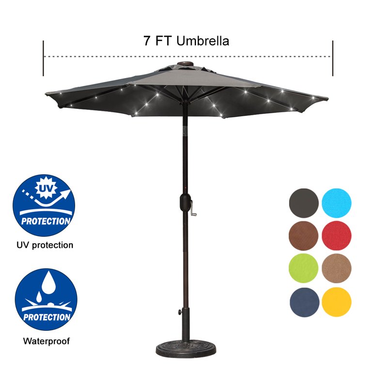 Sundale Outdoor 7 ft Solar Powered 24 LED Lighted Patio Umbrella Table  Market Umbrella with Crank and Push Button Tilt for Garden, Deck, Backyard,  Pool, 8 Steel Ribs, Polyester Canopy (Gray) - Walmart.com
