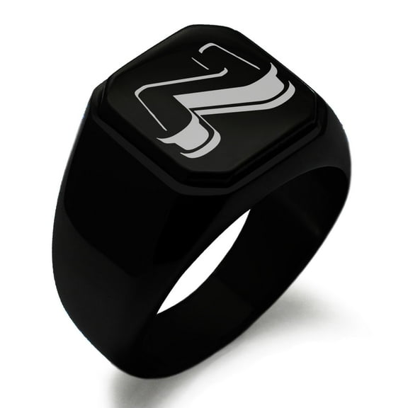 Tioneer Stainless Steel Letter N Initial 3D Monogram Engraved Square Flat Top Biker Style Polished Signet Ring