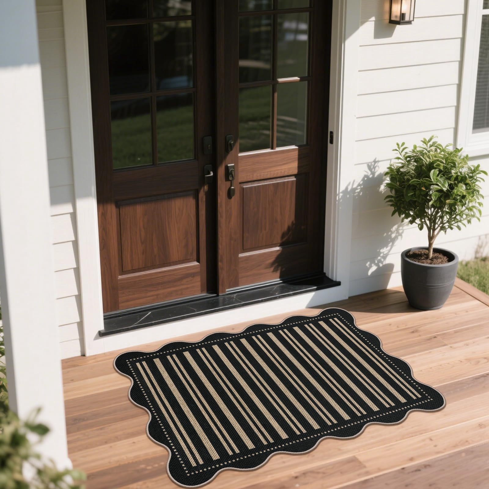 Striped Easy Jute Entryway Rug  2x3 Black Indoor Outdoor Doormat Washable Small Kitchen Non Slip Farmhouse Scalloped Rugs For Front Door Entrance Bathroom