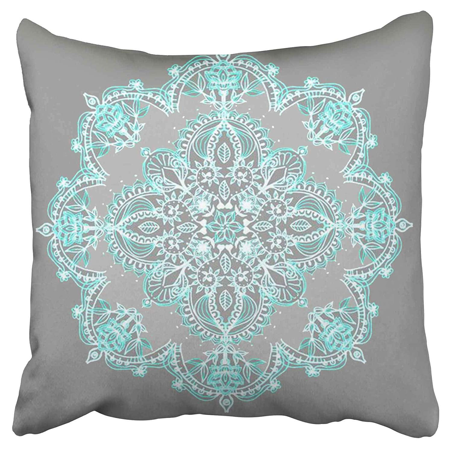 ECCOT New Teal and Aqua Lace Mandala Grey Cool Pillow Case Pillow Cover