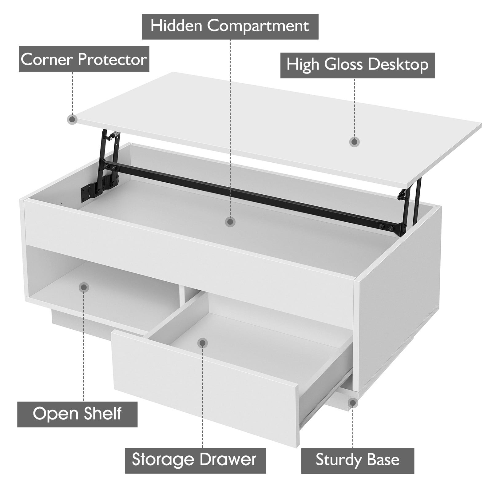 Hommpa 40'' Lift Top Coffee Table with LED Lights Modern High Gloss End Table with Rising Top, Hidden Storage Drawer & Open Shelf
