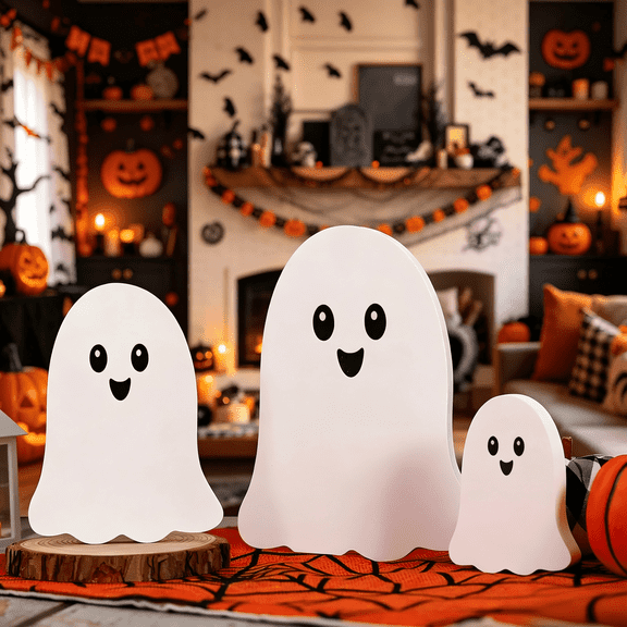 Set of 3 Halloween Ghost Tabletop Decor-Cute Wooden Ghost Signs Farmhouse Centerpieces Standing Ghost Figurines for Farmhouse Halloween Indoor Decoration