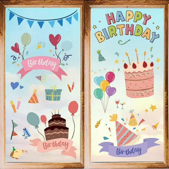 8 Sheets Birthday Cake Wall Stickers Balloon PVC Wall Decals Waterproof Self Adhesive Vinyl Window Cling Peel and Stick