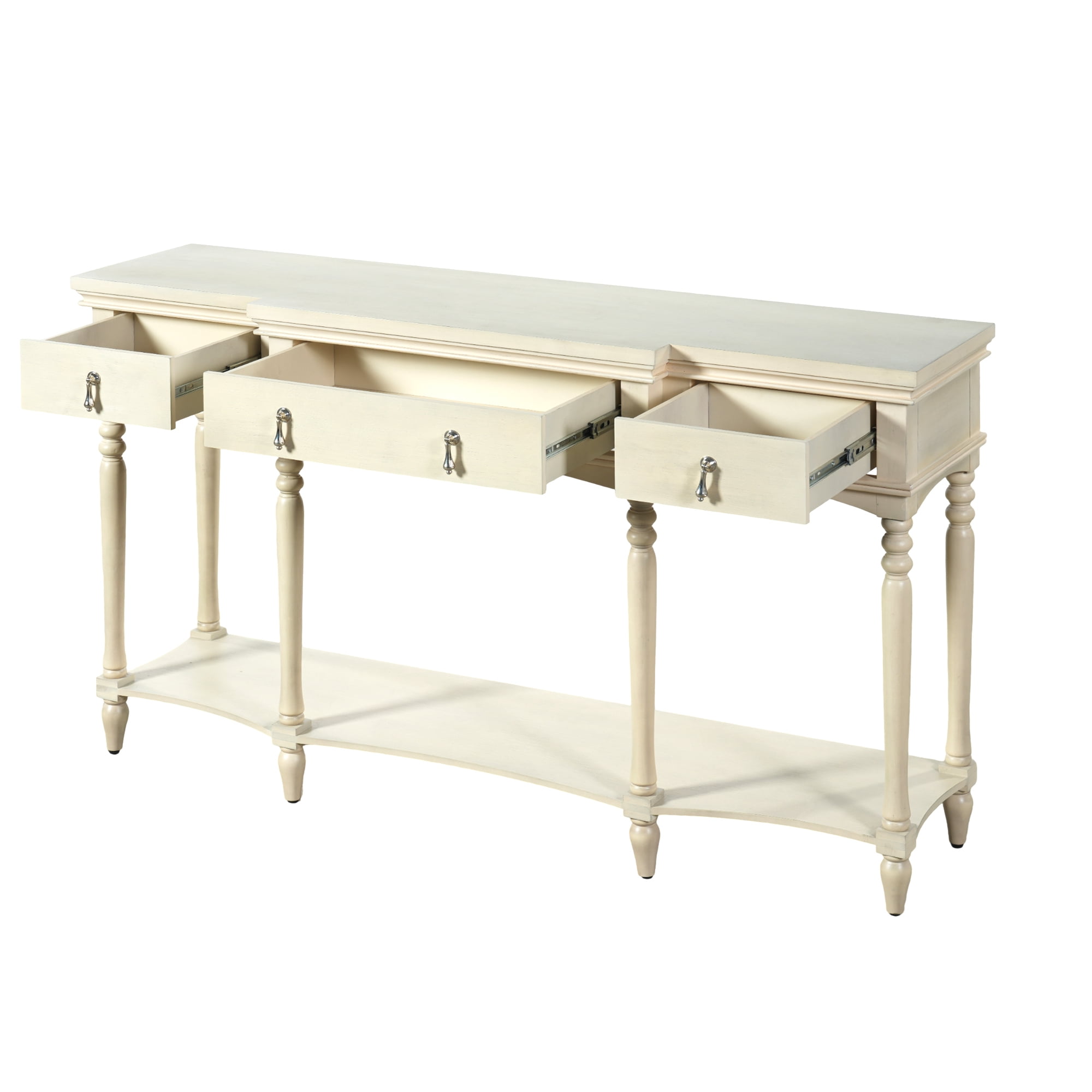 Euroco 57.8" Console Table with 3 Drawers, Narrow Long Sofa Table with Bottom Storage Shelf & Turned Roman Legs, Entryway Table for Living Room, Hallway,White