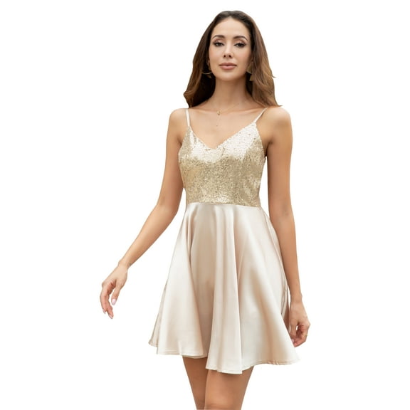 Curve Muse Women Sequin Deep V Neck Spaghetti Strap Bareback Mini Party Dress-Champagne Color-S