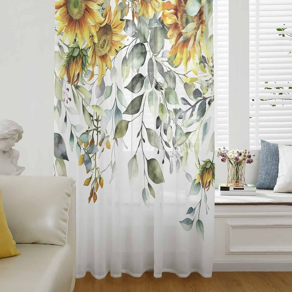 Sunflowers Semi Sheer Curtains Drapes for Living Room,Bedroom,French Doors Window 63 Inches Long,Eucalyptus Leaves Spring Floral Summer Botancial Rod Pocket Chiffon Curtain Drapery Voile Drape Panel