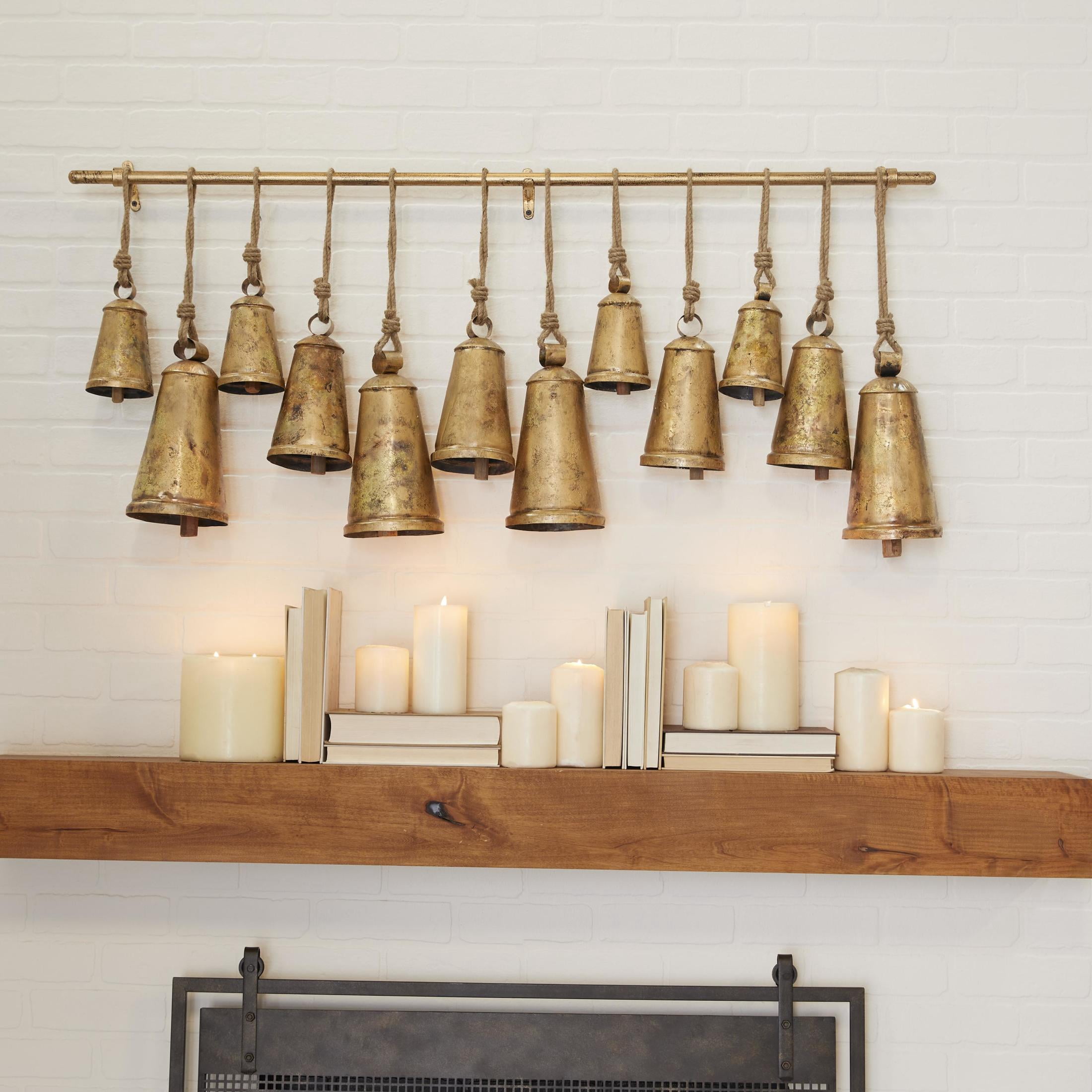 DecMode Tibetan Inspired Bronze Metal Conical Decorative Cow Bells with 12 Bells on Jute Hanging Rope and Metal Rod