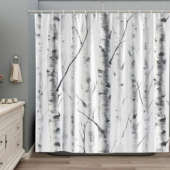 Birch Tree Shower Curtain Abstract Watercolour Gray White Mottled Trunk Tree Branch Nature Rustic Farmhouse Outdoors Theme Modern Fabric Bathtub Accessories Set With Hooks 36"W x 72"L
