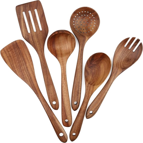 Natural Acacia Wood Cooking Utensils, Eco-Friendly Teak Wood Nonstick Kitchen Tool Set, Solid Piece of Wood Handmade Non-Scratch, Heat-Resistant, Comfortable Round Handle, 6-Piece